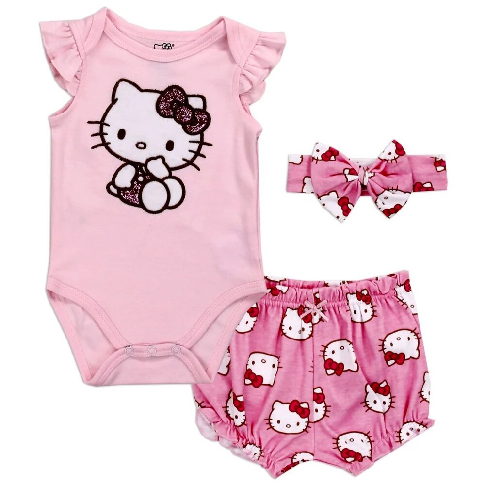 3 Pc Hello Kitty Gift Set Bodysuit Headband Shorts Pink Red White Glitter 9M